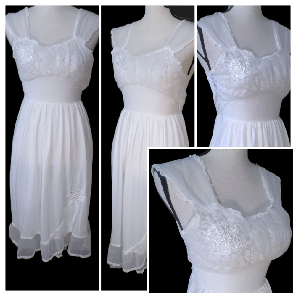 Vtg 60s Carillon Babydoll slip Dress S 34 Embroidery Lace Ethereal Soft Girl